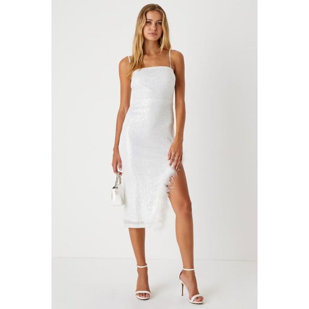Lulus Sparkling Diva White Sequin Feather Bodycon Midi Dress - Size S